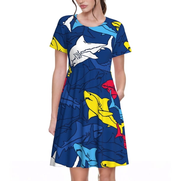 Disketp Cartoon Shark para Vestido de Manga Corta para Mujeres, Vestidos de Verano para Mujeres, Casual y Holgado para la Playa