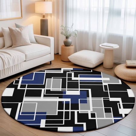 Round Area Rug 7ft Navy Blue Black Geometric Lines Living Room Rug Non-Slip Washable Circle Rugs Pad Abstract Modern Style Soft Floor Carpet for Bedroom Dining Room