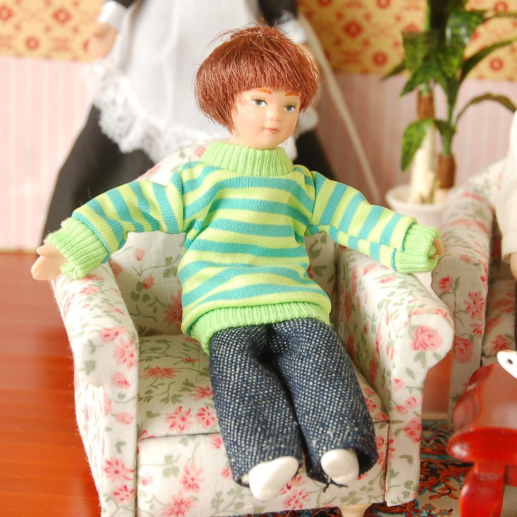 Dollhouse Miniature Posable Boy Doll Figure People In Green Sweater 1/12 Scale 