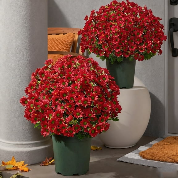 Artificial Flowers with Red Blooms and Green Leaves, Durable Outdoor Faux Flowers for Front Porch and Garden Decor