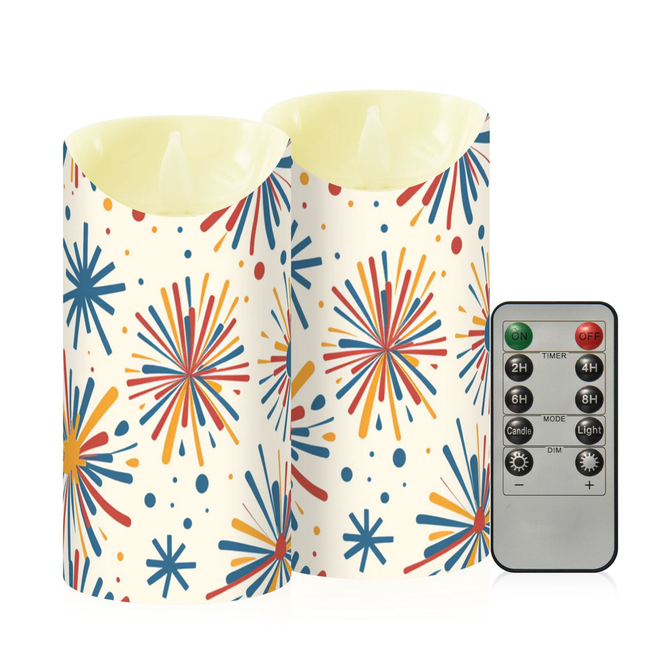Cartoon Colorful Fireworks Flickering Flameless Candles with Remote Timer Battery Operated LED Tealight Set of 2 M
