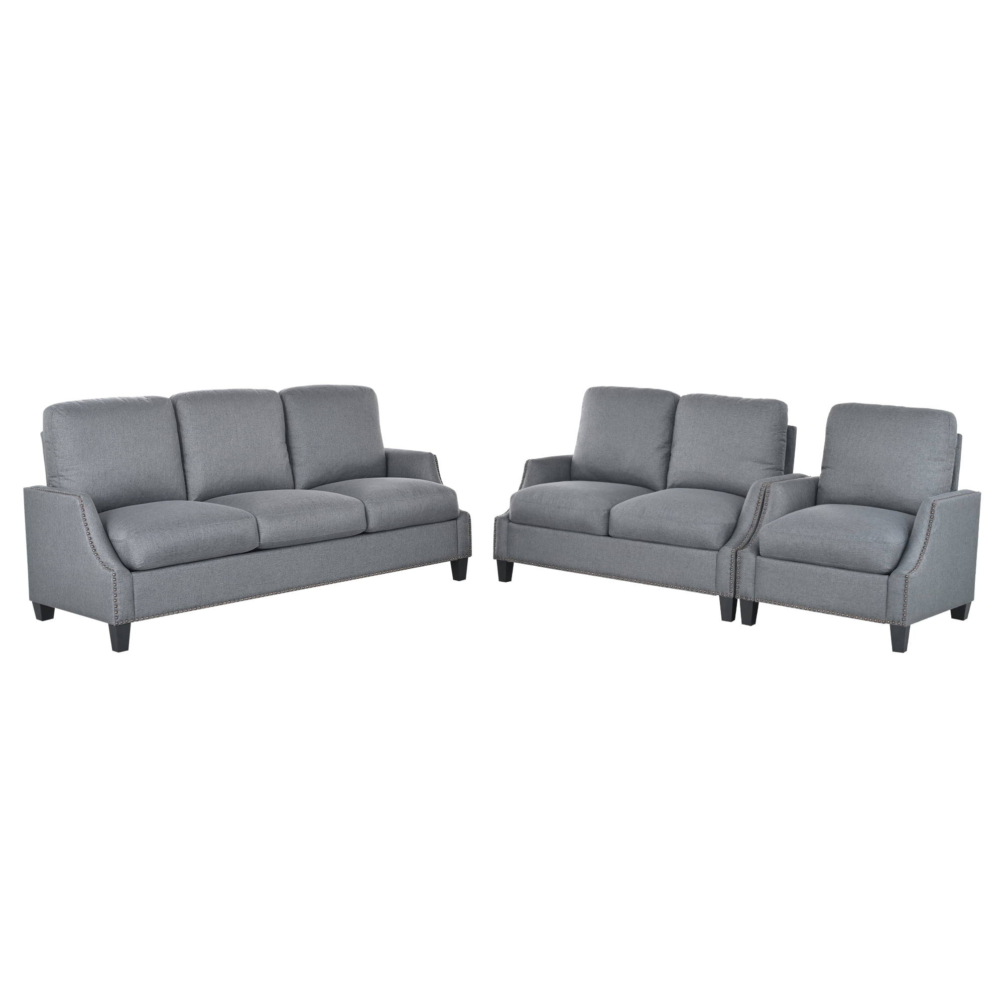 Aukfa 3 Piece Living Room Sofa Set, Modern Upholstered Sectional Couch with 3 Seater Sofa, Loveseat and Armchair, Furniture Set, Gray