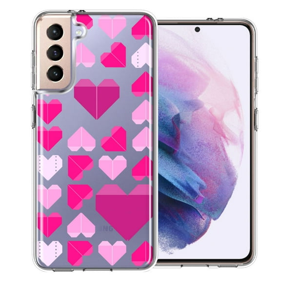 MUNDAZE for Samsung Galaxy S21 Pink Purple Origami Valentine's Day Polkadot Hearts Design Double Layer Phone Case Cover