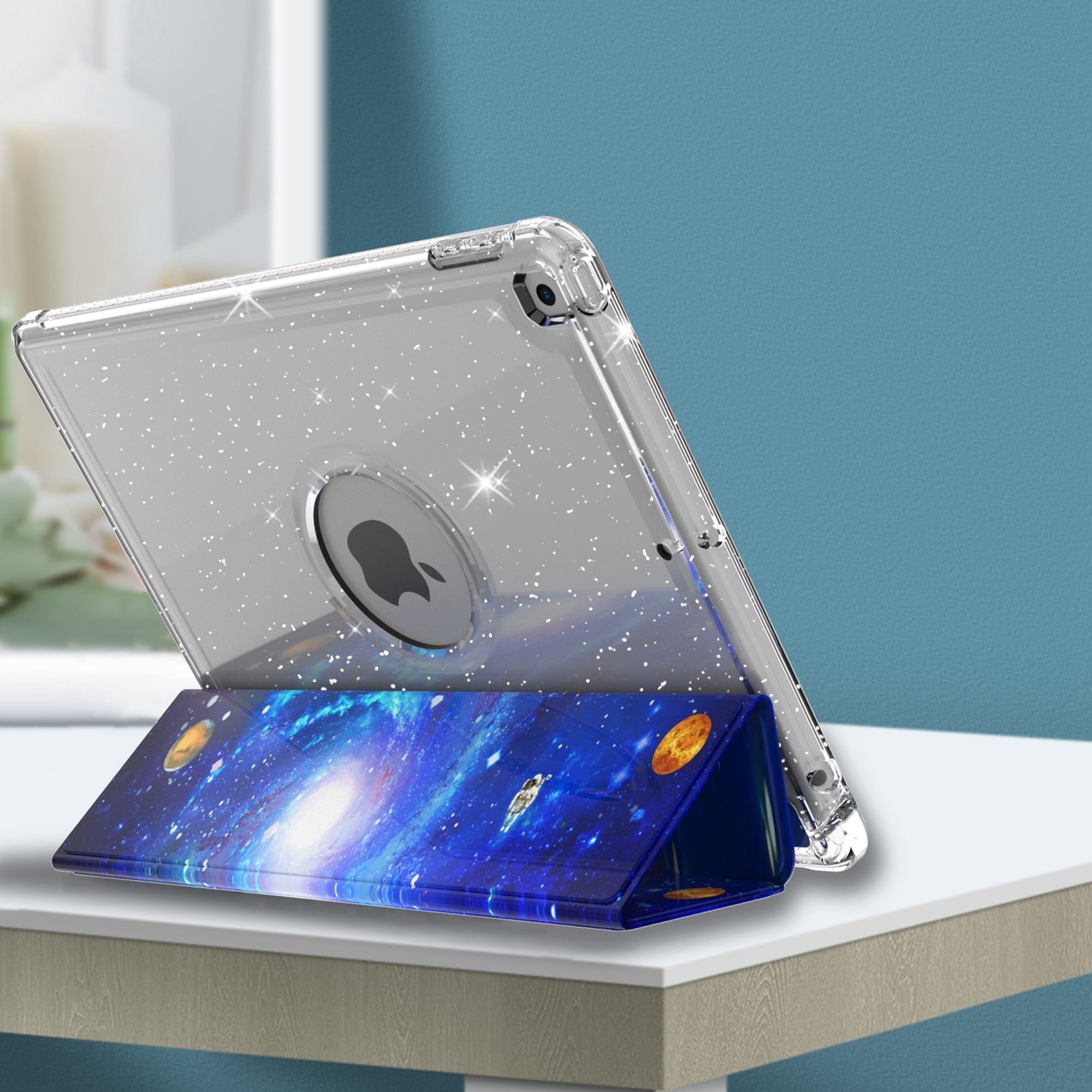 Dteck Compatible with iPad 8th Generation / iPad 7th Generation Case, iPad 10.2 Inch Cases with Pencil Holder, Flip Smart Case Trifold Stand Glitter Clear Back Cover,01 Universe