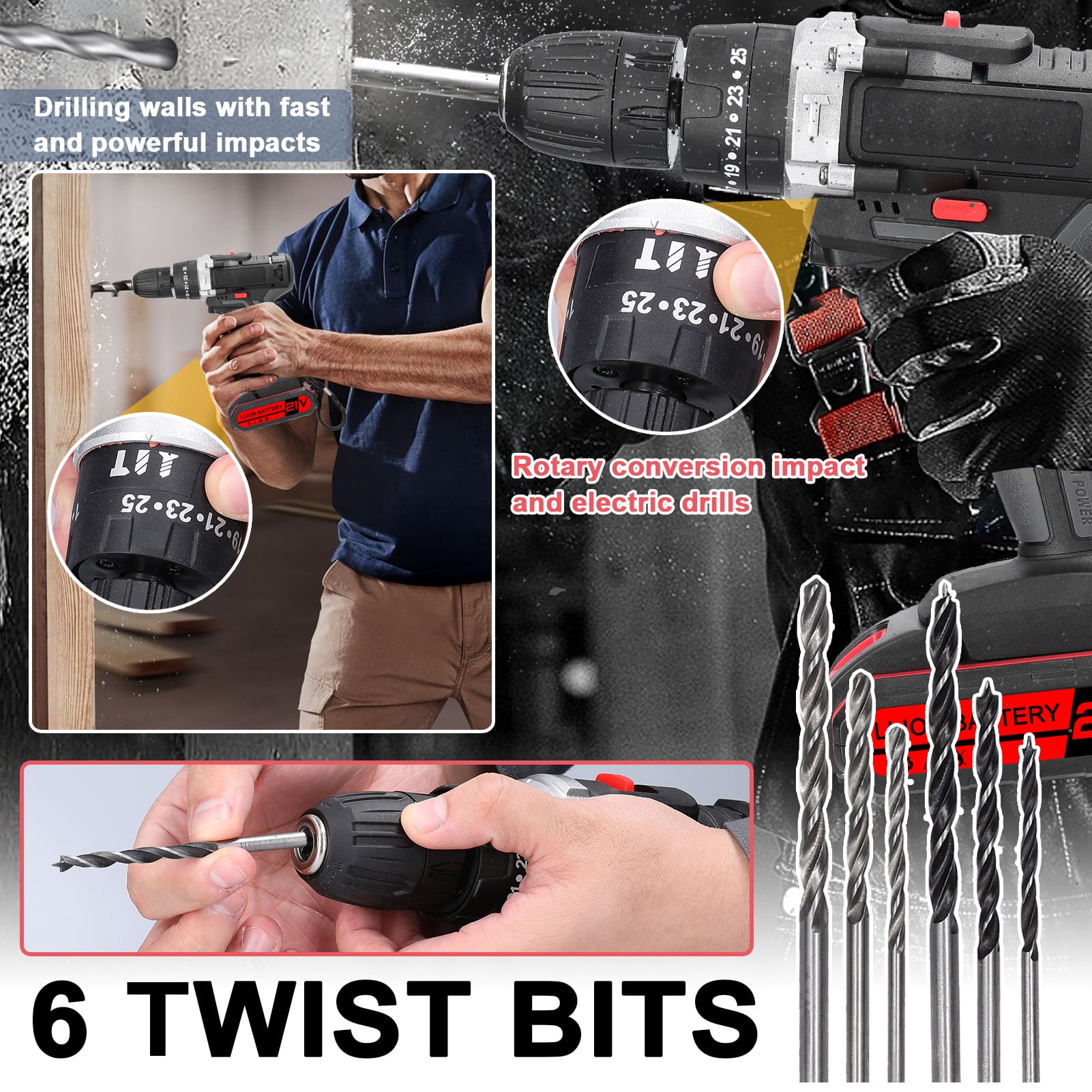 21V Cordless Power Drill Set, Electric Power Drill 24Pcs with 2 Lithium-ion Battery and Charger, 2-Speed Transmission For Screwdriving And Drilling,Black