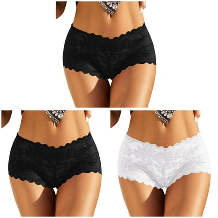 PFWOWB 3Pcs Plus Size Panties for Women Pack Women Lace Boyshort Sexy Floral Panties Low Rise Underwear Ladies Comfortable Underpants Female Lingerie White