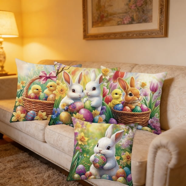 Decoraciones de Pascua, adornos de Pascua, cojín decorativo de poliéster con diseño de conejo y huevo de Pascua, ideal para el hogar, sala de estar, sofá, 4 piezas, fibra de poliéster.