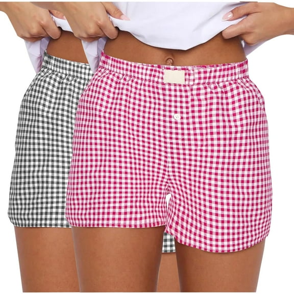 2 Pack Summer Shorts for Women Cotton Pajama Lounge Sleep Pj Gingham Plaid Shorts Casual Hot Pants Comfy Plaid Printed Hotpants Straight Leg Short Pants Pyjamas Bottoms Nightwear