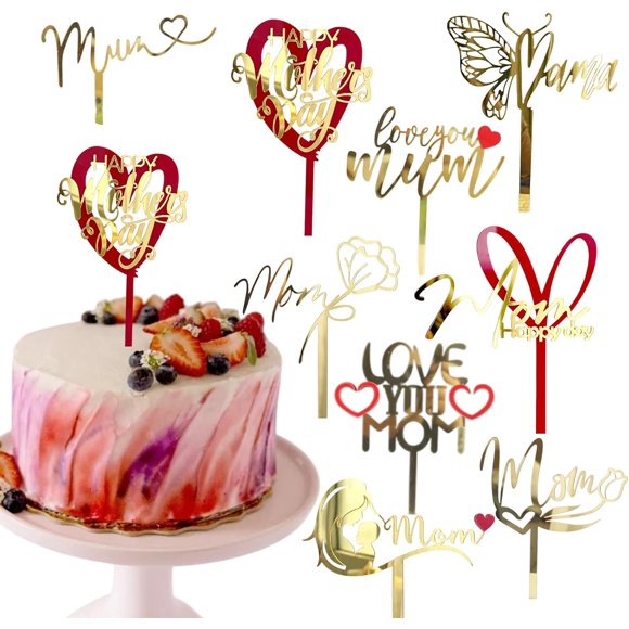 9 Pcs Happy Mother's Day Cake Topper Acrylic Love Mom Cupcake Topper Heart Shaped Cake Picks Cake Accessories for Birthday Mother's Day Gifts Cake Decoration Party