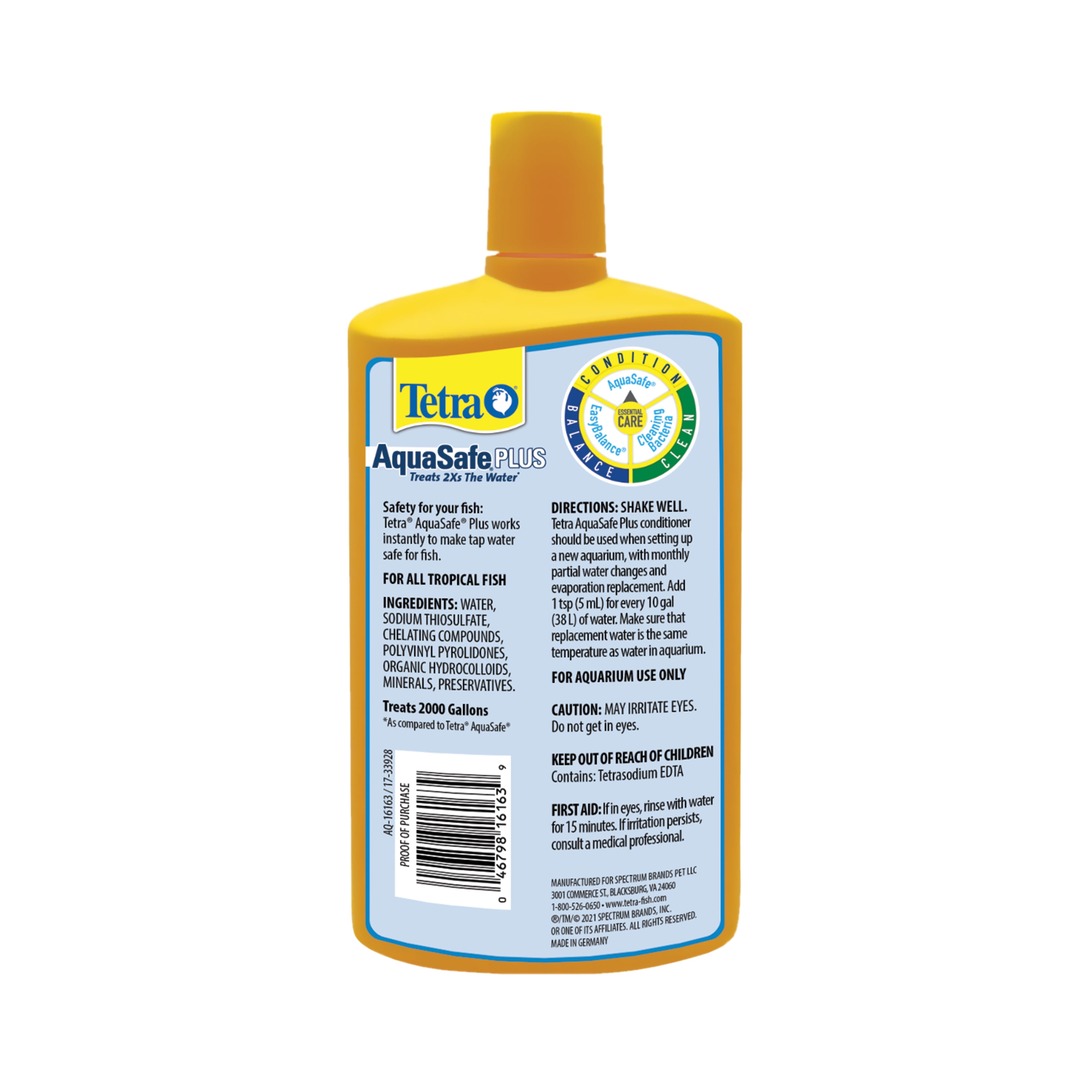 Tetra AquaSafe Plus Aquarium Water Conditioner, Makes Tap Water Safe, Treats up to 2000 Gallons, 33.8 oz.