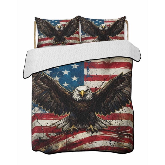 Quilts Queen Size Bedding Set, Eagle American Flag Reversible Summer Quilt 3 Pieces, Independence Day Retro USA Flag Lightweight Bedspreads Coverlets with 2 Pillow Shams for All Seasons