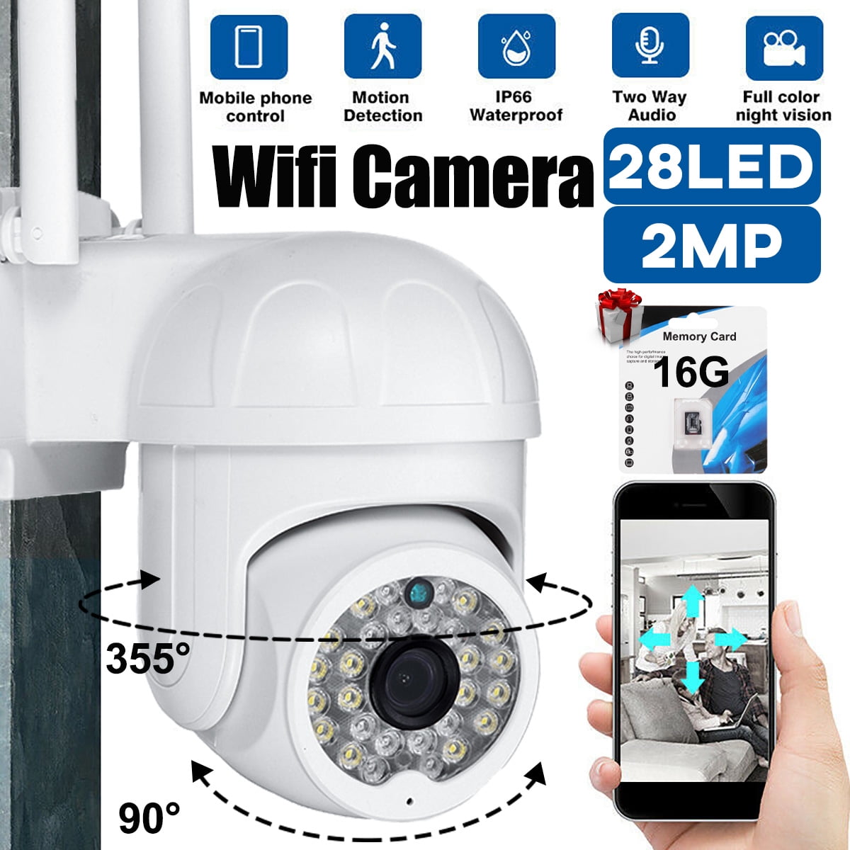 Sellclub Wireless Wifi Security Camera,360° Rotation Ptz Outdoor Waterproof  Ip Camera,28 Led,3 Night Vision Modes,Two-Way Voice,Panoramic  Monitoring,Support 4 Devices Control（Gift：16g Memory Card） - Walmart.com