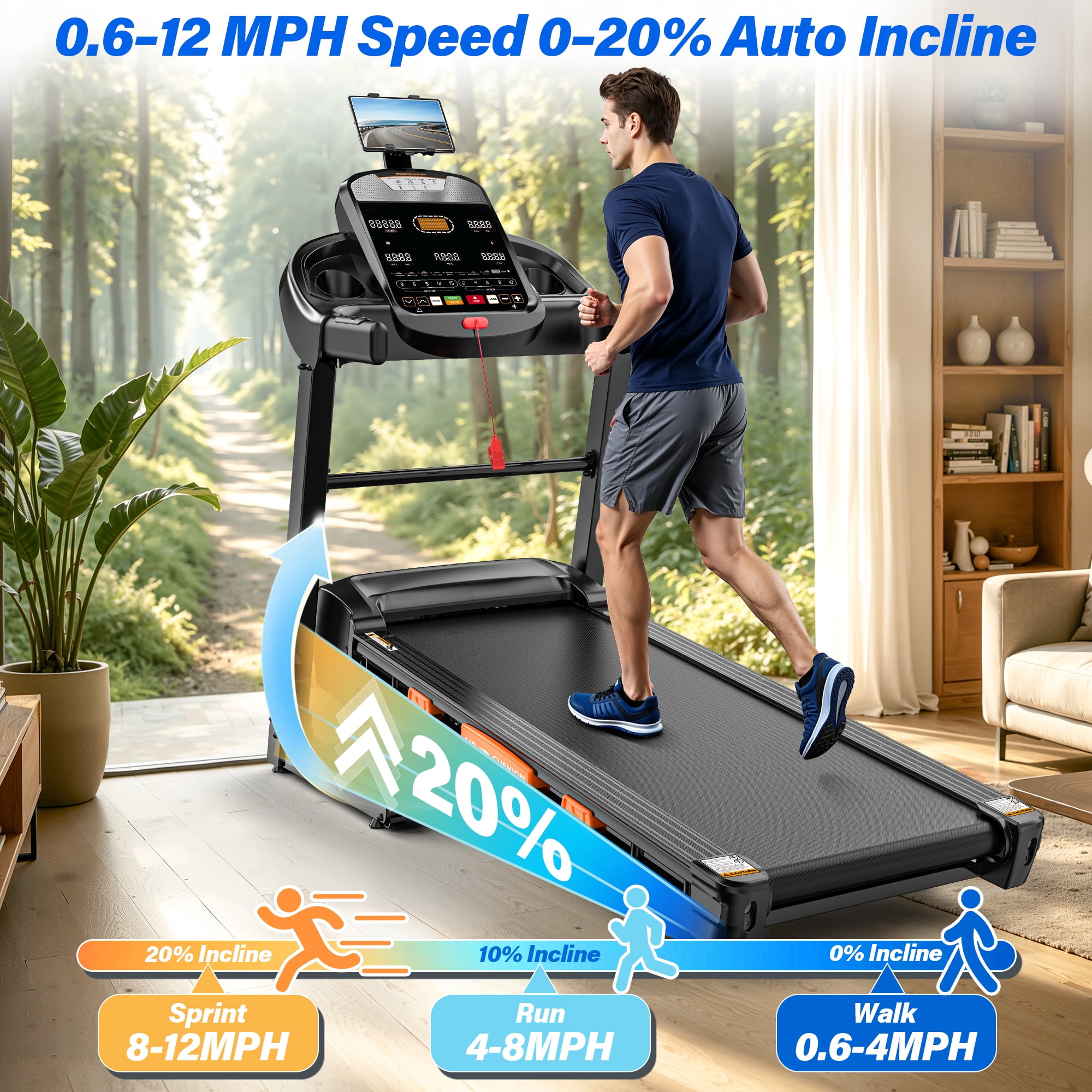 Folding Treadmill with Auto Incline, 5HP Brushless Motor, 0.6–12 MPH Speed Range, 20 Incline Levels, 300 lb Capacity, Bluetooth App Control, One-Touch Folding Design, 90% Pre-Assembled