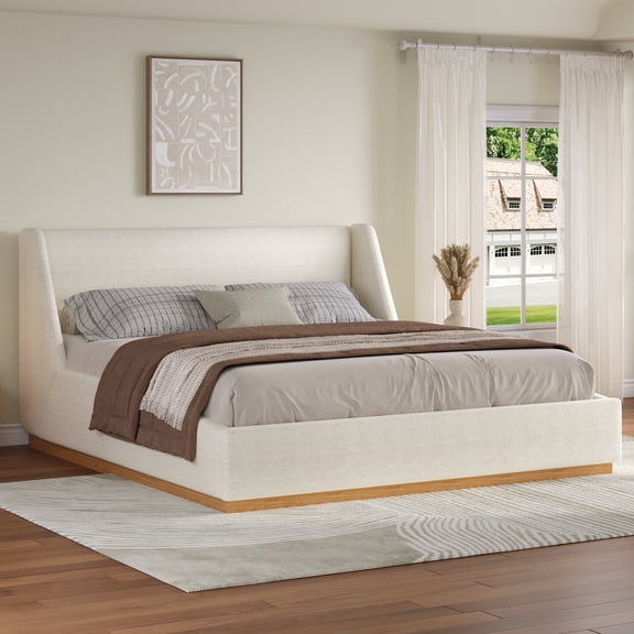 Christopher Knight Home Queen Upholstered Wingback Bed Frame, Rubberwood Base, White