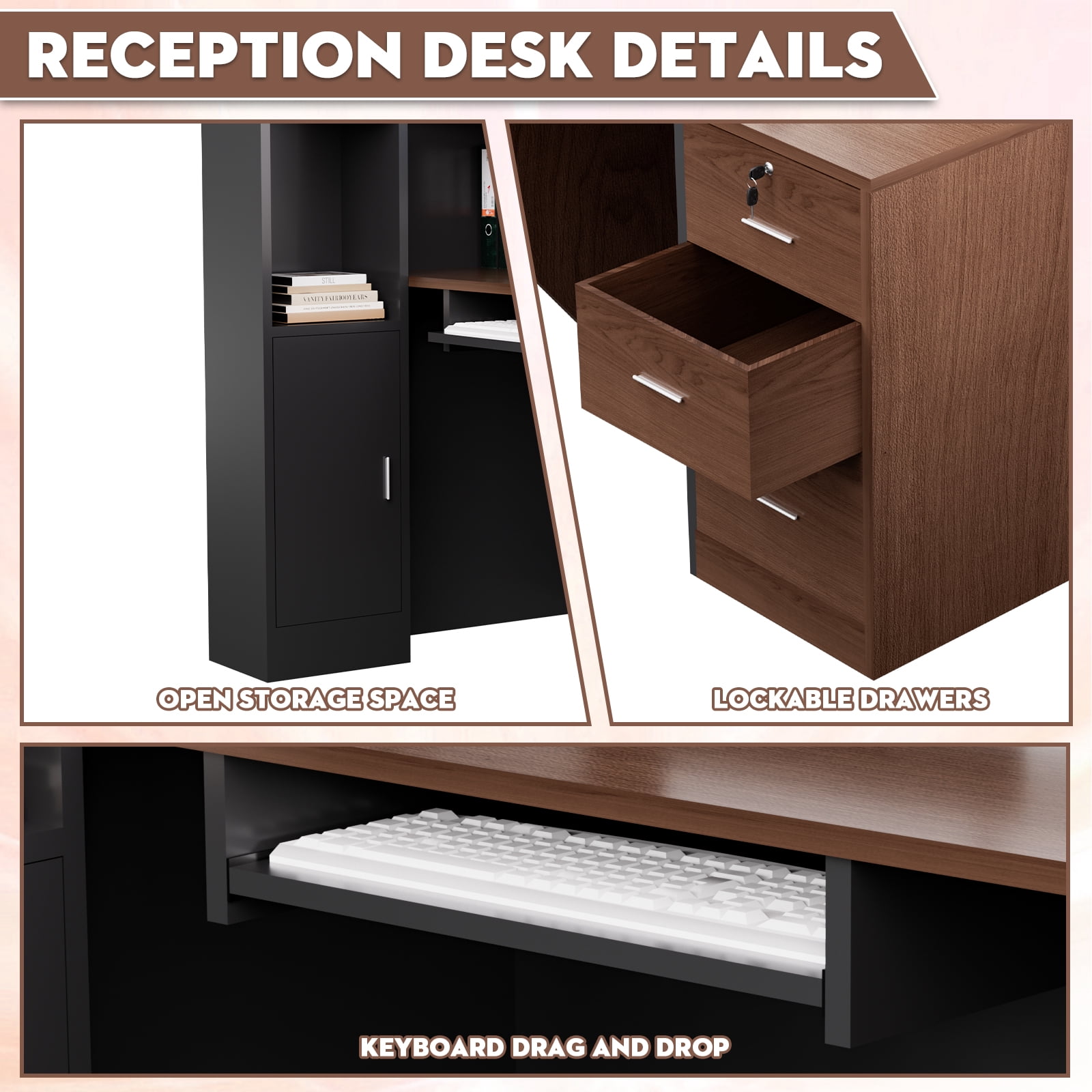 Vakiorn L Shaped Modern Wooden Commercial Reception Desk 71 inch with Counter Shelves Storage Drawers for Office Home Brown Black Left