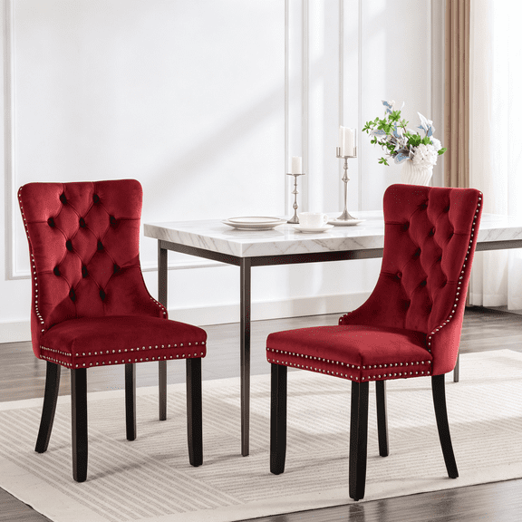Gewnee Set of 2 Modern Velvet Tufted Upholstered High End Dining Chairs with Wood Legs & Nailhead Trim for Dining Room Kitchen, Burgundy