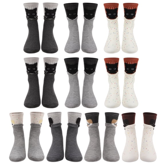 Bocaoying 10 Pairs Women's Cat Crew Socks, Cute Cartoon Peeking Cat Novelty Socks, Color Blocked Mid-Calf Socks, Soft Breathable Low-Cut Socks for Daily Wear, Gifts for Women Size 6-10
