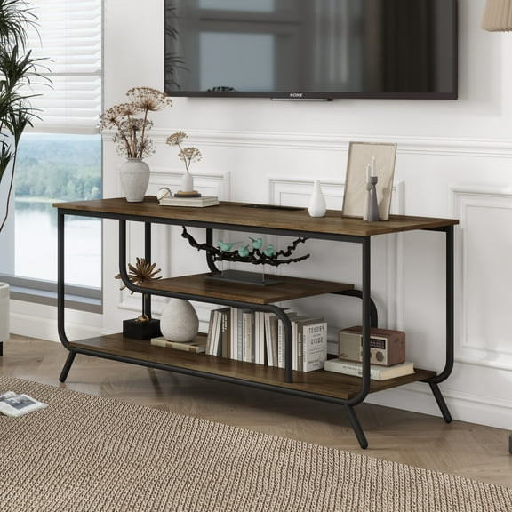 TV Stand with Power Outlets and LED Lights, TV Stand for TVs up to 55 Inch, Entertainment Center with Shelves, Modern TV Console Table for Living Room & Bedroom, Light Gray