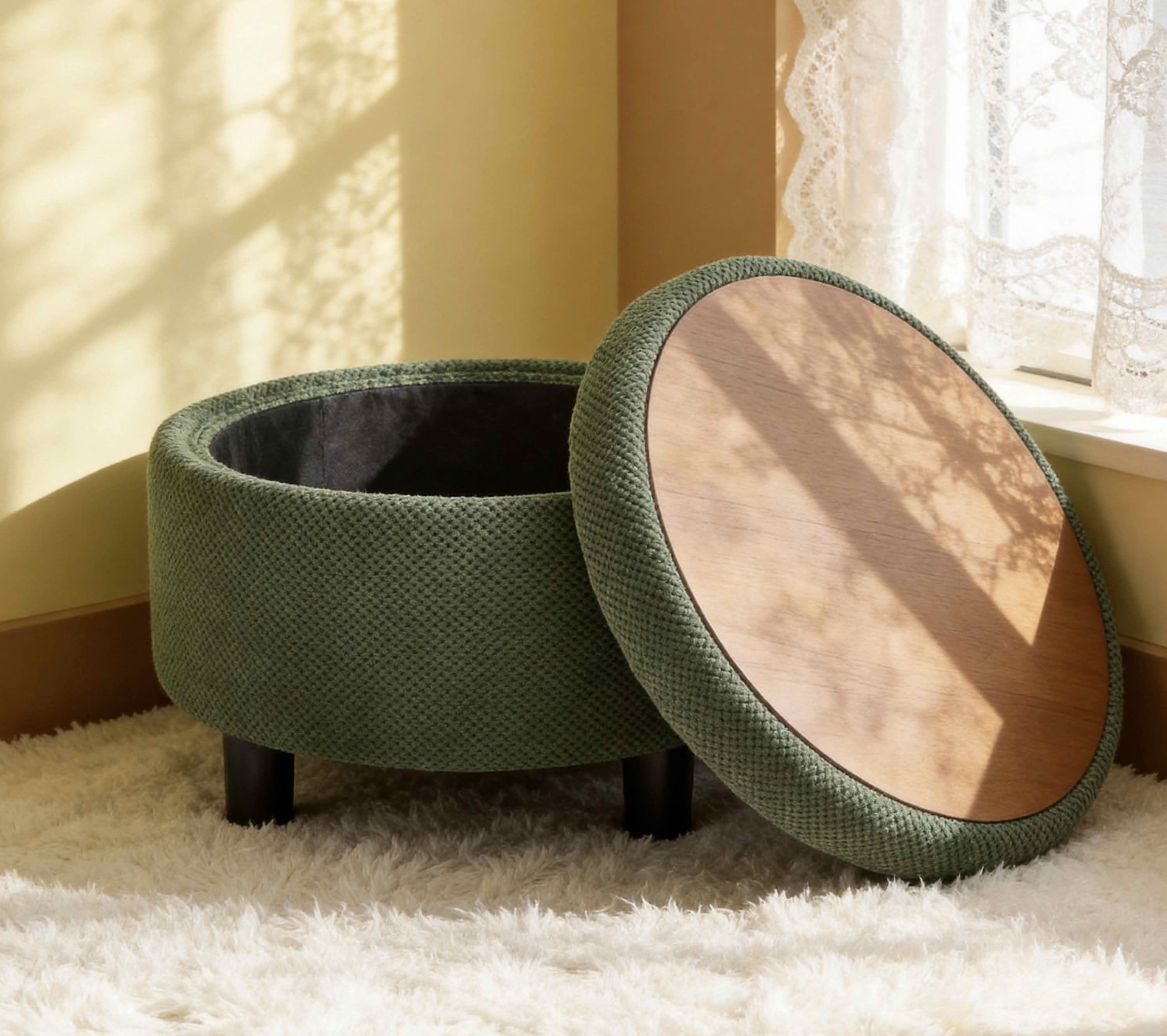 MAYEERTY 25 In Round Storage Ottoman with Tray, Tufted Fabric, Coffee Table Ottoman, Dark Green