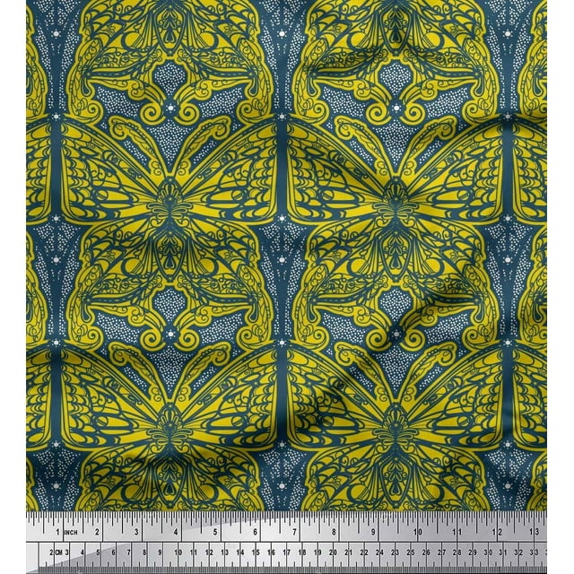 Soimoi Polyester Crepe Fabric Dot & Artistic Butterfly Print Sewing Fabric Yard 42 Inch Wide