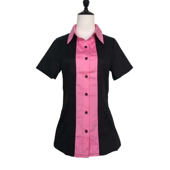 Work Shirt Elegant Formal Office Short Sleeve Women Secretary Blouses-black&pink