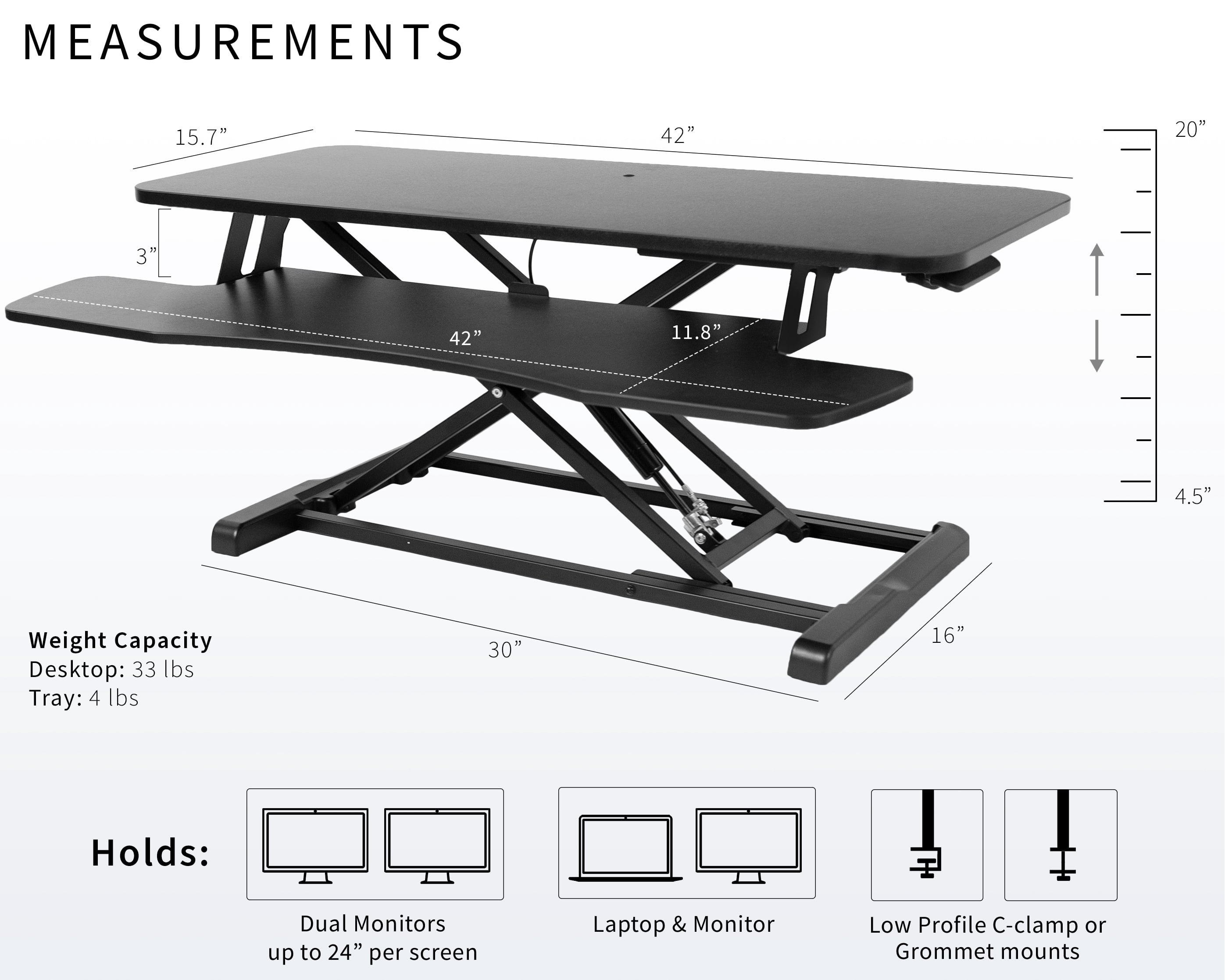 VIVO Black Height Adjustable 42" Standing Desk Monitor Riser, Sit Stand Tabletop
