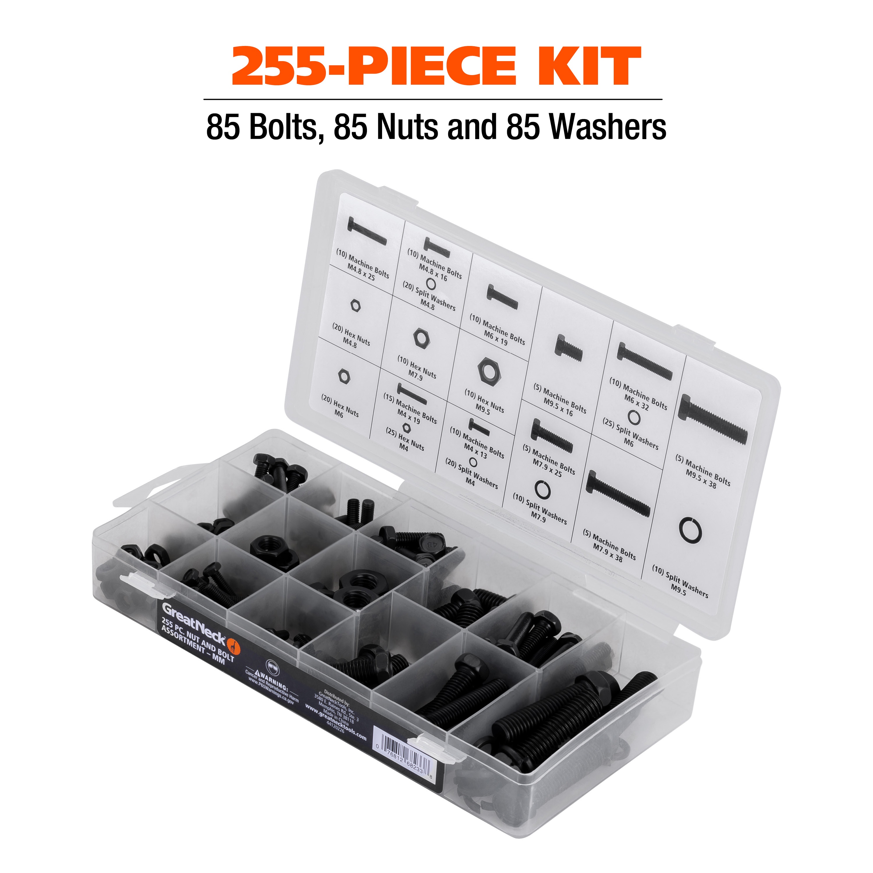 Great Neck Tools Nut & Bolt Assortment, mm, Black, 255 Piece Set