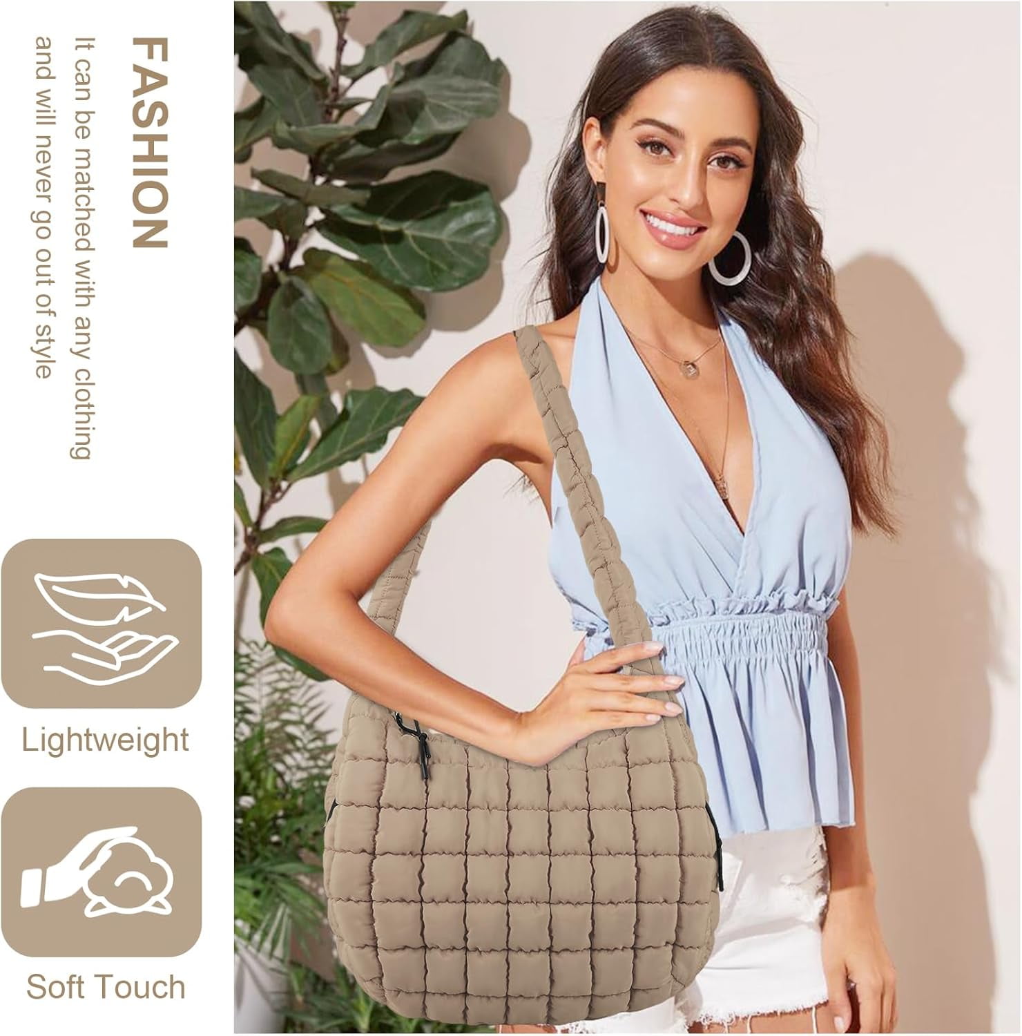 Lohol Quilted Puffer Tote Bag for Women - Large Crossbody Bag, Lightweight Nylon Puffy Carryall Hobo Puff Shoulder Bag-Khaki