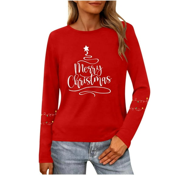Christmas Tree Shirt Women Christmas Embroidered Trees Long Sleeve Shirts Gift Xmas Graphic Tee Tops