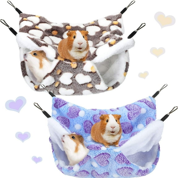 RYLZX 2 Pcs Guinea Pig Rat Hammock Guinea Pig Hamster Ferret Hanging Hammock Accessories for Small Animals Chinchilla Parrot Sugar Glider Ferret Squirrel (Purple, Coffee Color, Heart Pattern)
