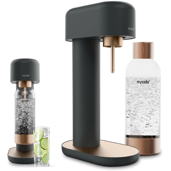 Mysoda Ruby 2 Máquina de agua con gas - Máquina silenciosa de agua carbonatada de aluminio resistente y duradero y botella de agua de 1 litro - Sin bombona de CO2 - Color negro cobre