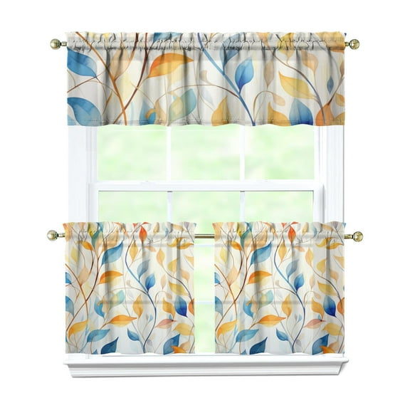 Bright Garden Print Kitchen Curtains Set - 3 Piece Rod Pocket Tier Curtains