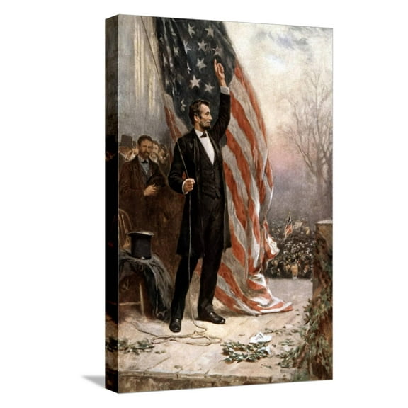 Art.com American Civil War Painting of President Abraham Lincoln Holding the American Flag Stretched Canvas Print Wall Art, 12" x 18"