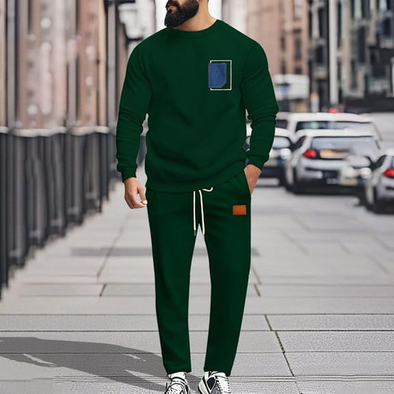 Wavsuf 2pcs Jogger Set Men Long Sweatsuits Sets for Mens Motion Tight Drawstring Simplicities Shirt Sweatshirt and Sweatpants Army Green Size M