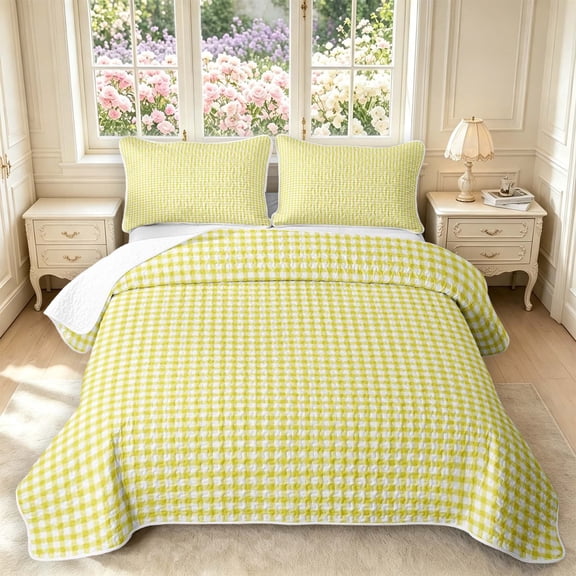 Manfei Minimalism Check Twin Quilt Set,Classic Plaid Twin Coverlet Set,Yellow White,2-Piece,1 Bedspread and 1 Pillowcase