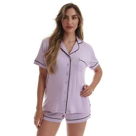 

#FollowMe Button Down Pajama Pant Set with Notch Collar (Lilac 2X)