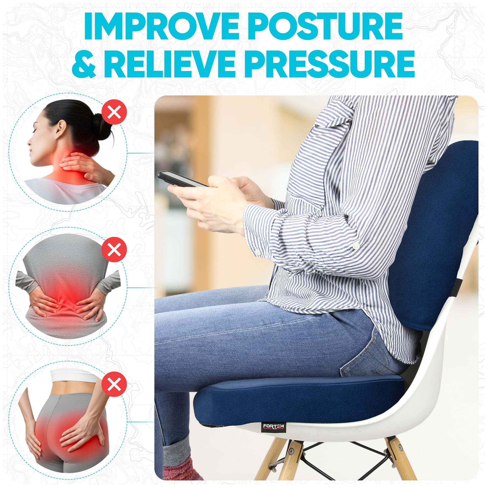 FORTEM Seat Cushion, Office Chair Cushion, Lumbar Support Pillow for Office Chair, Memory Foam Car Seat Cushions, Sciatica Coccyx Tailbone Pain Relief, Cushions for Back Support, Washable, Non Slip