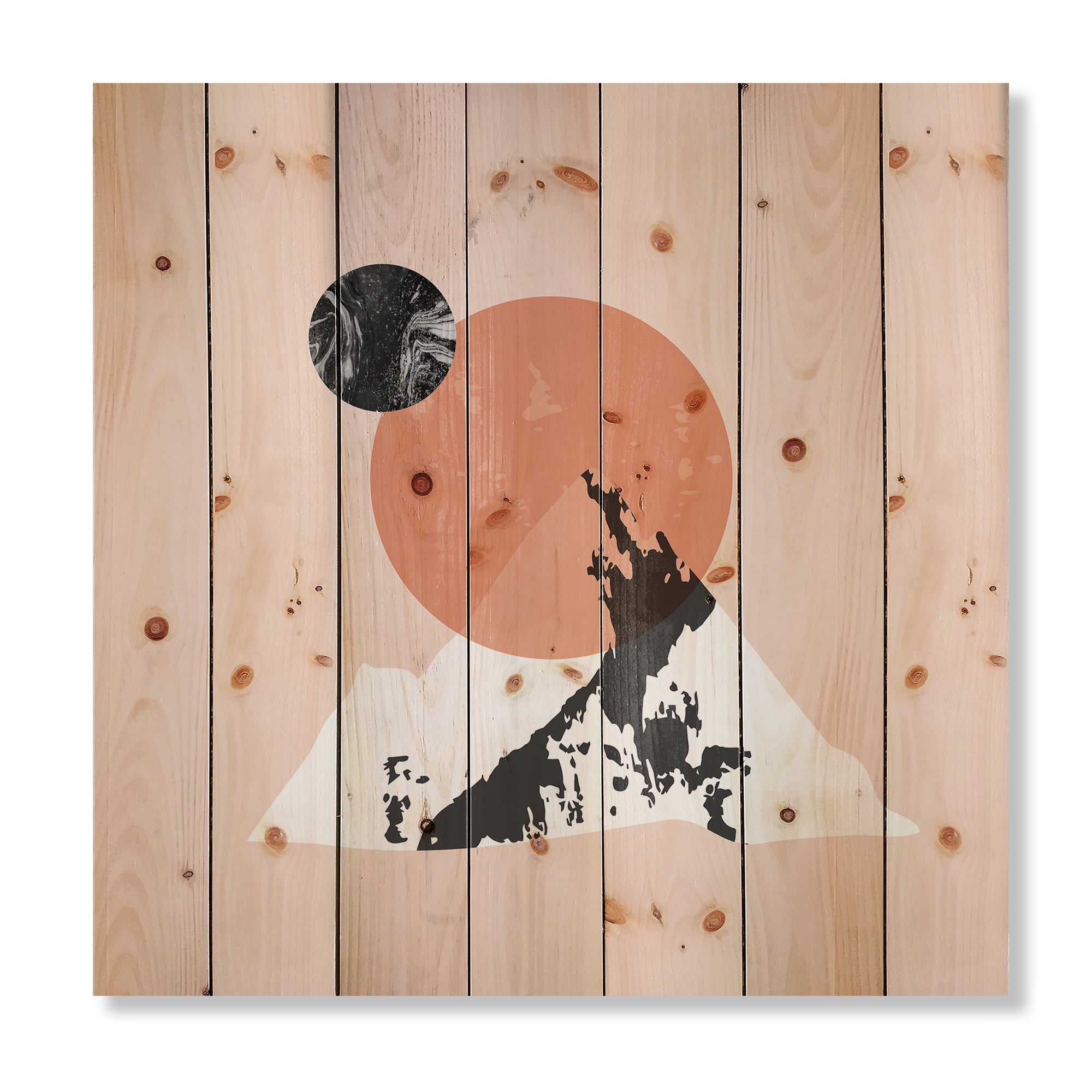 Designart 'Modern Minimalist Mountain Moon and Sun' Modern Print on Natural Pine Wood
