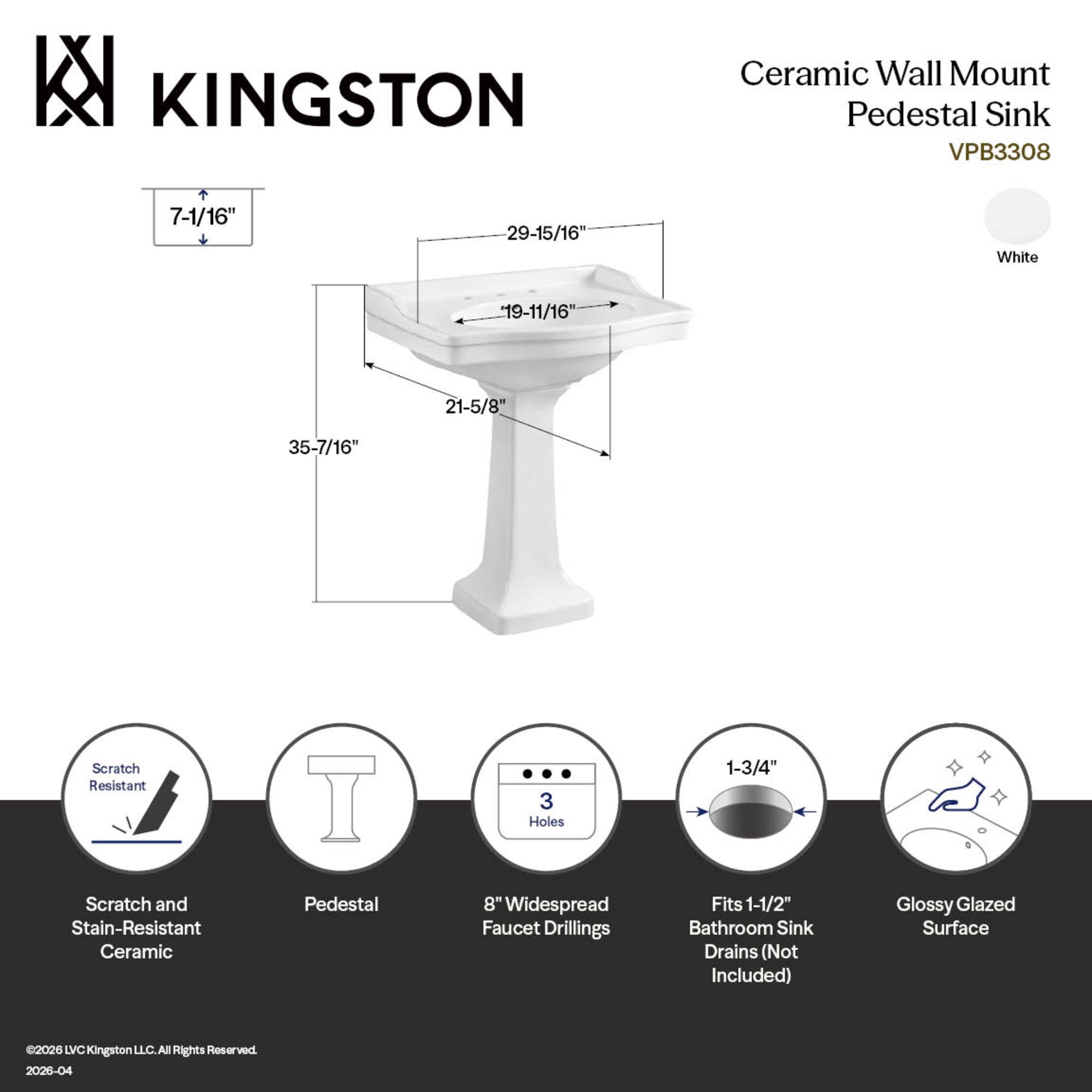 Kingston Brass VPB3308B Victorian 30-Inch Ceramic Console Sink (8-Inch, 3-Hole) in White