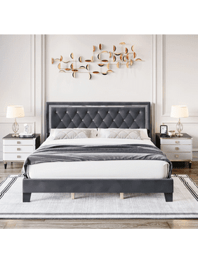 Homfa King Size Bed Frame, Diamond Tufted Upholstered Platform Bed with Adjustable Headboard, Gray