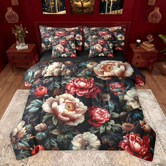 Homewish Teenagers Adults Retro Chic Floral Peony Twin Bedding Sets 7-Piece,Vintage Aesthetic Bedding Comforter Set Microfiber,Luxury Exotic Style Breathable Sheet Sets,Breathable Home Decor