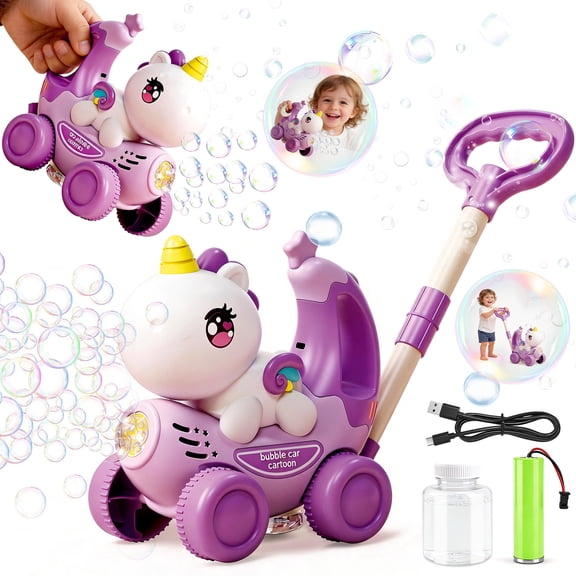 LINXUXIE Automatic Bubble Machine, Portable Unicorn Bubble Maker Blower Push Car for Outdoor, Birthday Gifts for Kids 3-5 5-8 Year Old