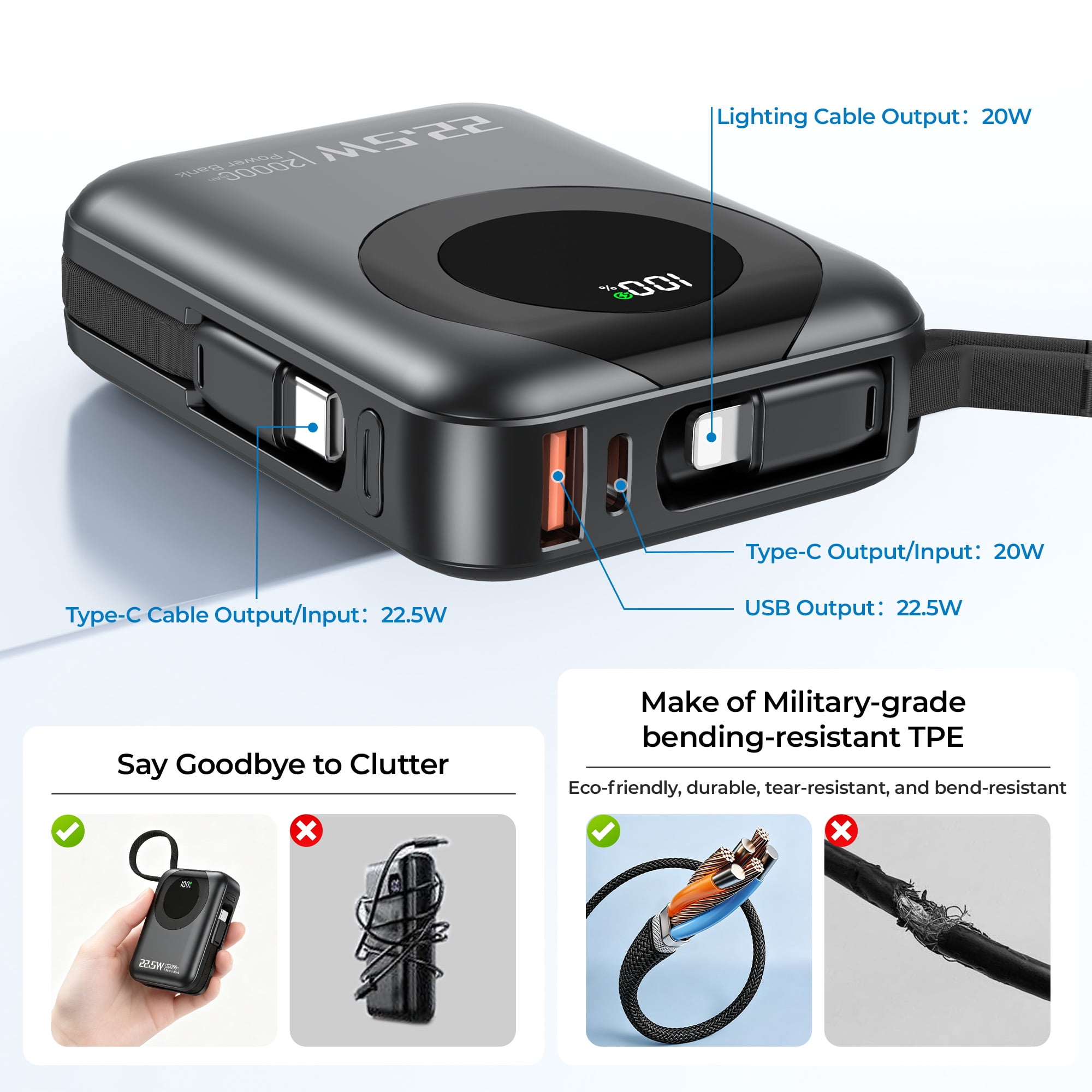 20000mAh Ultra Mini Portable Charger Power Bank,22.5W Fast Charging Phone Charger with Built-in Lanyard-style Charging Cables,Travel Charger Battery Pack for iPhone 17/16 Samsung,iPad,Black