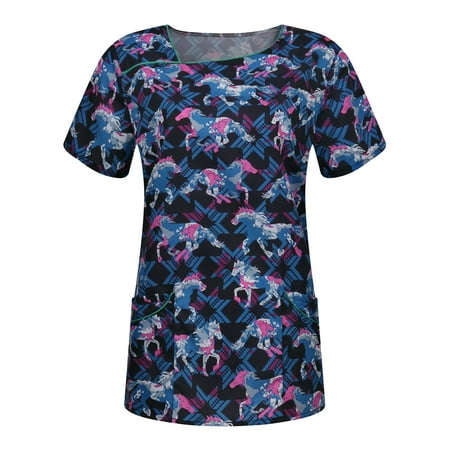 

Sksloeg Womens Scrub Tops Animal Horse Printed Top V-Neck Workwear T-Shirts with Pockets Nursing Working Uniform Blue XXL