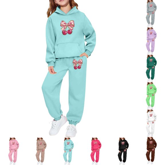 Bmisegm Cute Outfits for Girls Hooded Tracksuit with Cherry Bow Design Two Piece Set Jogger Pants Pullover Top Girls' Clothing Sets 3-10 Years,01_Mint Green,4-5 Years