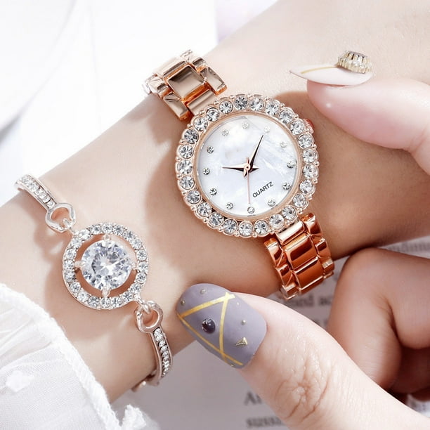 Juego de reloj de cuarzo para mujer con incrustaciones de diamantes reloj con correa de acero de 2 piezas oro rosa BRILLAR Rojo Verde Walmart en linea