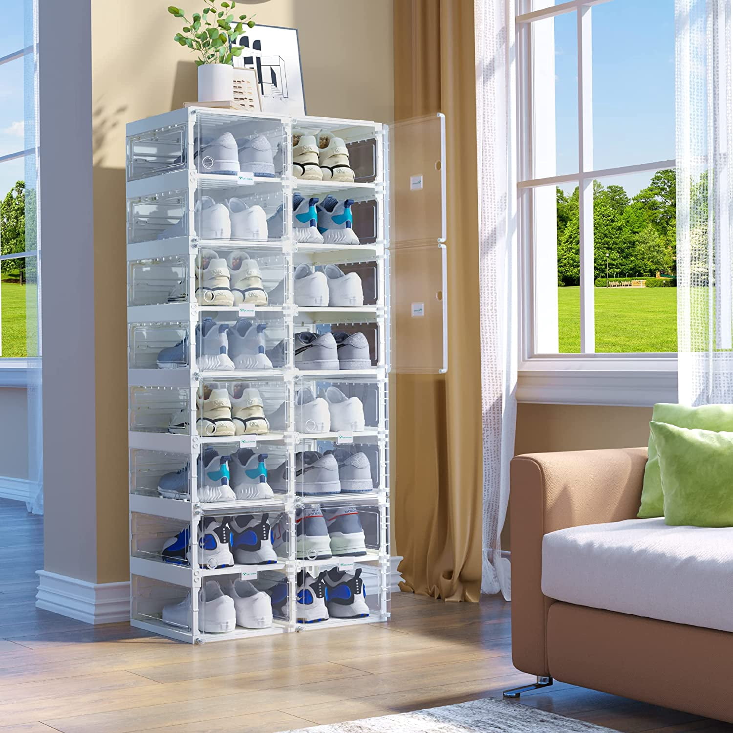 YITAHOME Shoe Storage Organizer, Installation-Free Shoe Box with Doors, 2-16 Grid Stackable Transparent Folding Shoe Cabinet for Hallway, Living Room, Closet (White)