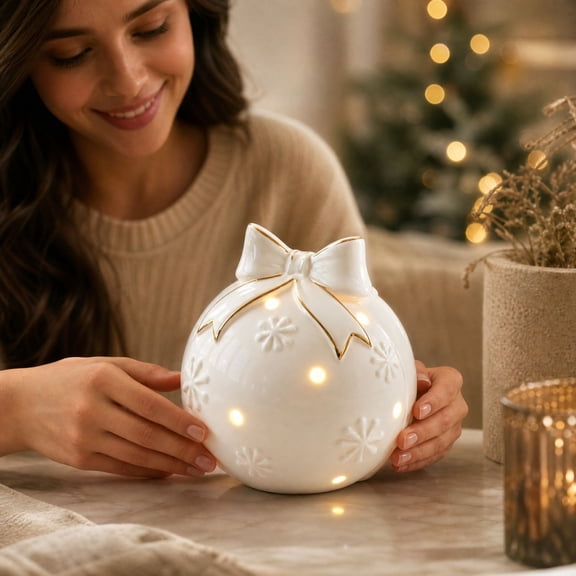 Ceramic Christmas Ball Ornament LED Light White Bow Snowflake Tabletop Decor