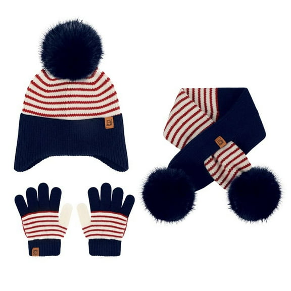 HNMKIU Children's Winter Knit Set Striped Hat Scarf Gloves for Cold Weather Comfort Navy,One Size