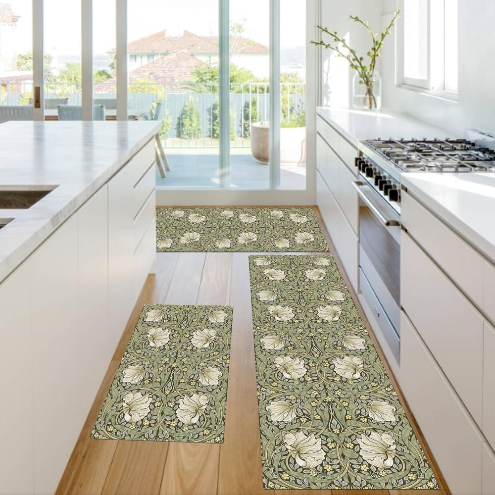 William Morris Vintage Floral Kitchen Rugs Sets of 3,Non Slip Rubber Kitchen Mats for Floor Farmhouse Washable Kitchen Area Rugs Floor Carpet Runners for Hallway Laundry Room,Sage Green/Yellow